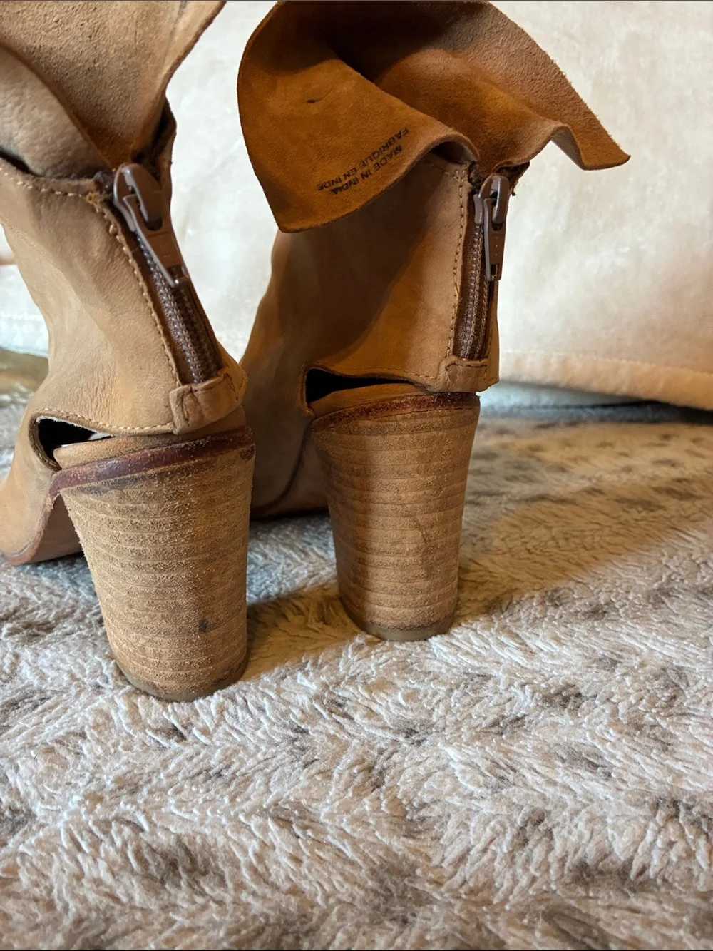 Free People Tan Suede Peep-Toe Stacked Heel Booties- Size 38